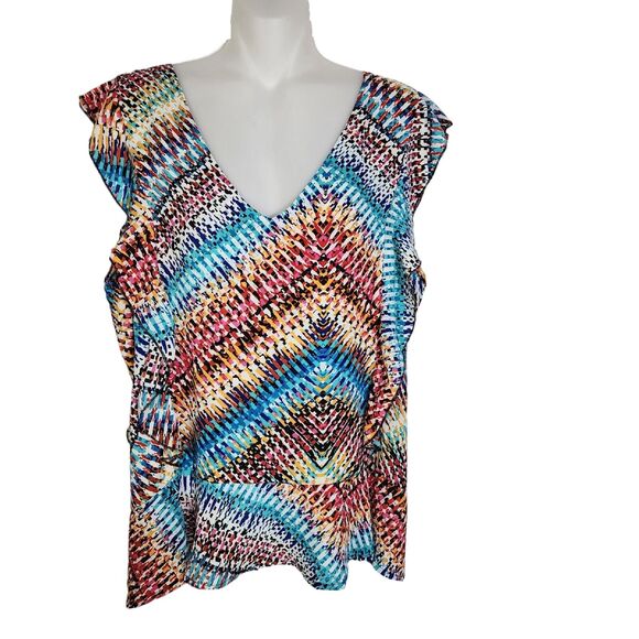 Spense Womens Top XL Multicolor Short Flutter Sleeve V Neck Retro Peplum Ruffles - Picture 1 of 10